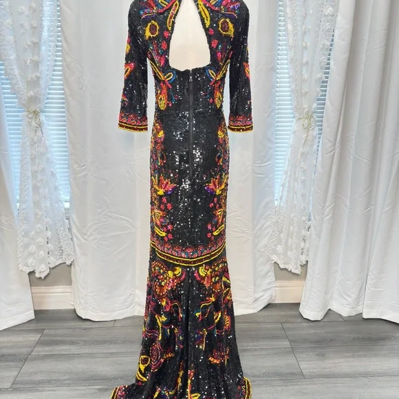 Alice and Olivia Beaded Sequin Embroidered Gown Dress Black Multicolor Size 8